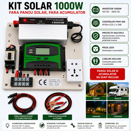 Mini kit fotovoltaic 1000W cu invertor 12V-220V, controler PWM 30A și cabluri - imagine 2