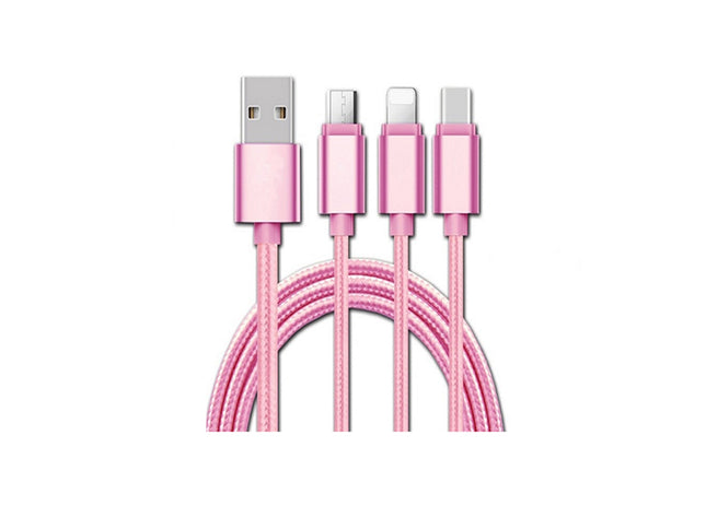 Cablu USB 3in1 microusb/Iphone/tip C roz