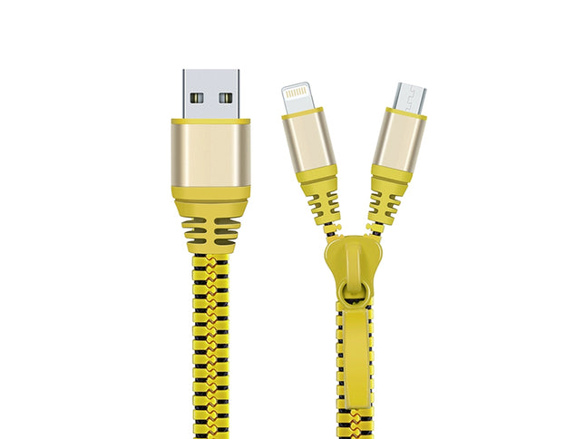 Cablu 2in1 microusb/Iphone tip fermoar galben