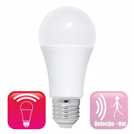 Bec LED cu senzor miscare microunde,  model glob A60, 12W=100W, 6400k, lumina rece
