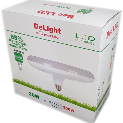 Bec Led E27 model UFO, 30W=200W, 6400K, lumina rece