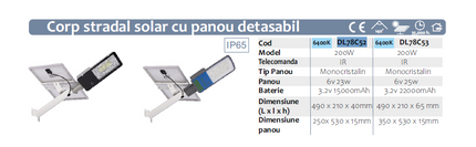 Corp Stradal  cu Panou Solar Monocristalin Detasabil 6V/25W si telecomanda -  200W/6500k