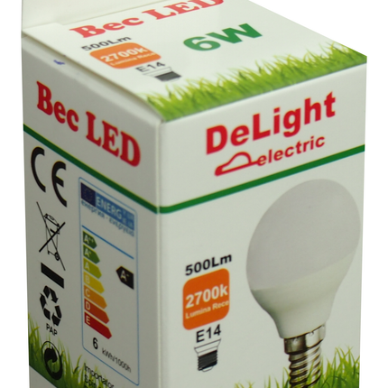 Bec Led Sferic E14, model G45, 6W=50W, 2700K, lumina calda