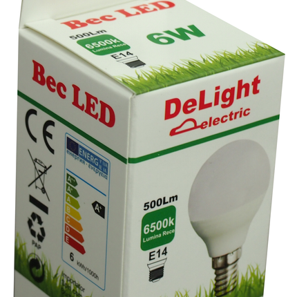 Bec Led Sferic E14, model G45, 6W=50W, 6500K, lumina rece