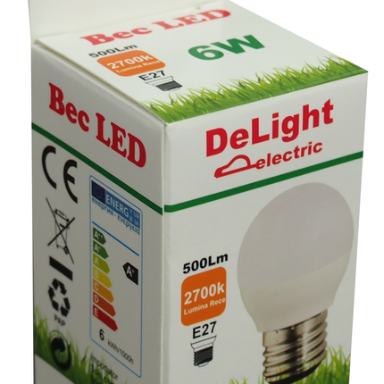 Bec Led Sferic E27, model G45, 6W=50W, 2700K, lumina calda
