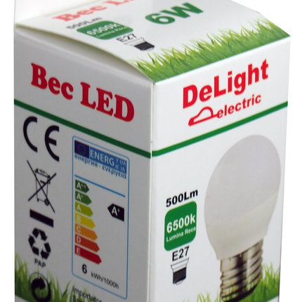 Bec Led Sferic E27, model G45, 6W=50W, 6500K, lumina rece