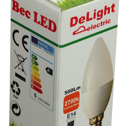 Bec Led Lumanare E14, model C37, 6W=50W, 2700K, lumina calda
