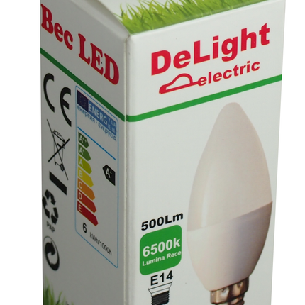 Bec Led Lumanare E14, model C37, 6W=50W, 6500K, lumina rece