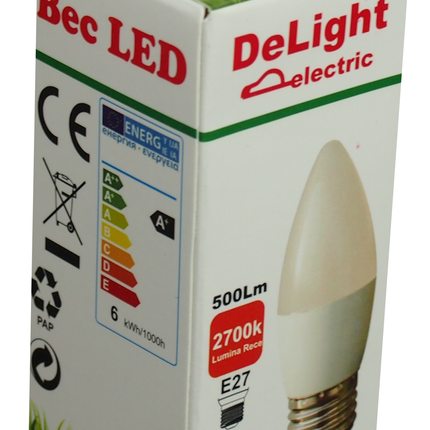 Bec Led Lumanare E27, model C37, 6W=50W, 2700K, lumina calda