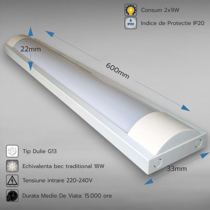 Corp Neon Fida Neechipat pentru Tub Led 2x9W (9W=18W) - 60 cm
