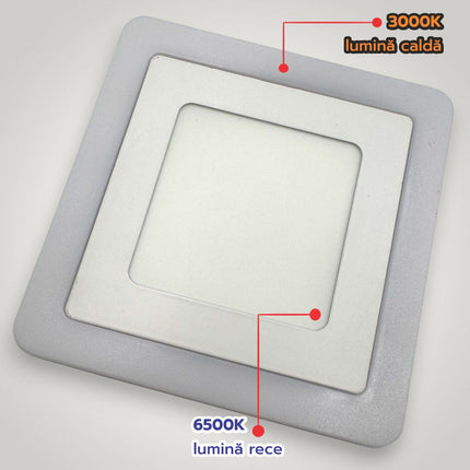 Spot LED Patrat Doua Culori 24+12W 3000k-6500k  Trei Functii