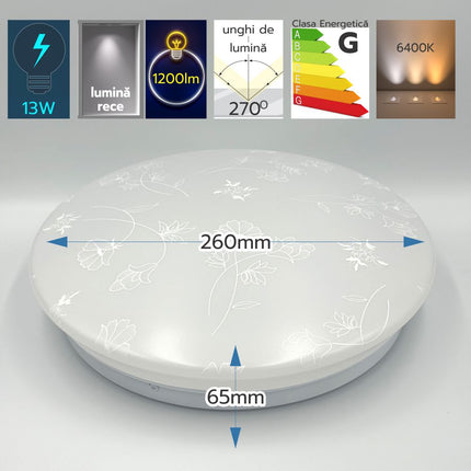 Plafoniera LED Flower, 260x35mm, 13W=75W, 6400K, lumina rece