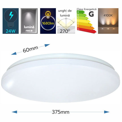Plafoniera Led Slim Milky 24W=200W, Ø375 mm, 6500k, lumina rece