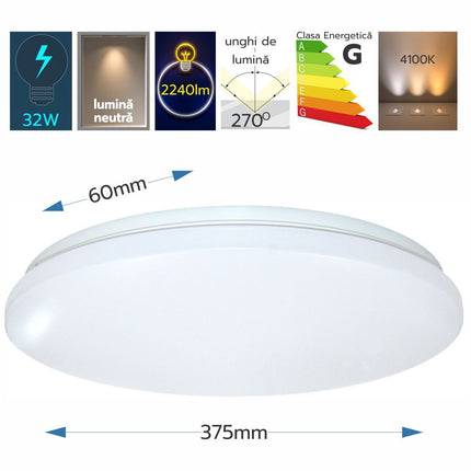 Plafoniera Slim Milky 32W=280W, Ø375 mm, 4100k, lumina neutra