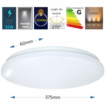 Plafoniera Slim Milky 32W=280W, Ø375 mm, 6500k, lumina rece