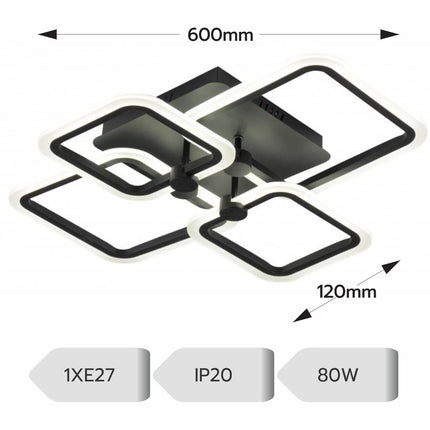 LUSTRA LED PATRATA NEAGRA 80W CU 4 BRATE 3 CULORI+IR 600x120mm