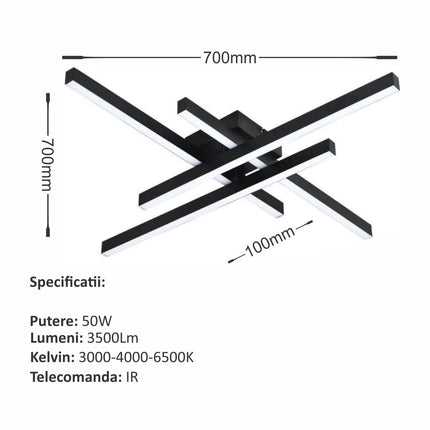 LUSTRA LED AXIS NEGRU 4 BRATE 50W 3530 LM 700*700*100MM