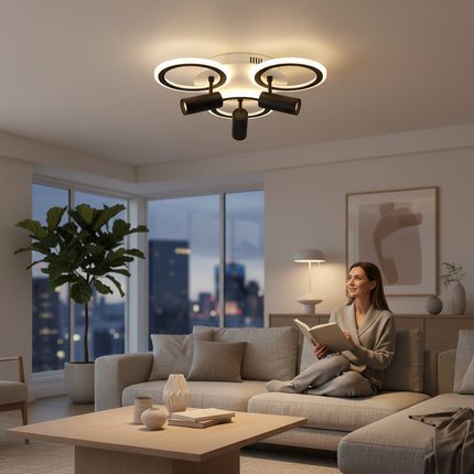 Lustra Led Neagra cu trei spoturi Carina 65w/4200lm 3000k/4000k/6500k cu Telecomanda