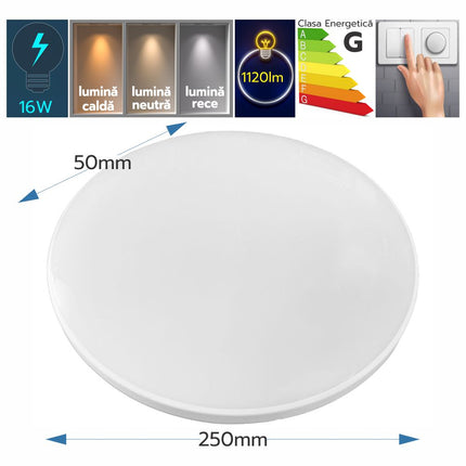Plafoniera led ECO IP40 Rotunda Alba Fi250, 16W, 6400K, lumina rece