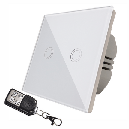 Intrerupator touch dublu + telecomanda RF, sticla securizata, alb