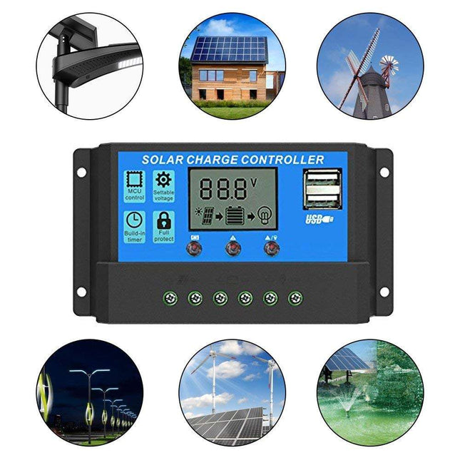 Controler panou solar fotovoltaic 10A 20A 30A 12/24V cu 2 USB si afisaj LCD