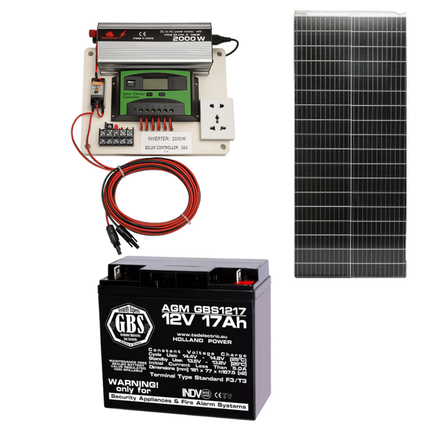 Mini kit fotovoltaic cu panou solar 100 W, invertor 2000 W și controler PWM 30 A