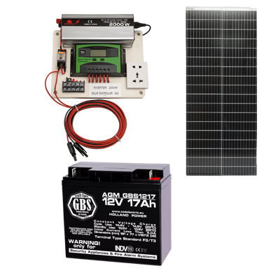 Mini kit fotovoltaic cu panou solar 100 W, invertor 2000 W și controler PWM 30 A