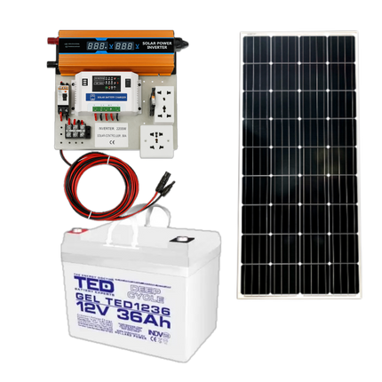 Mini kit fotovoltaic 2200W cu panou solar monocristalin 170W, invertor și controler PWM
