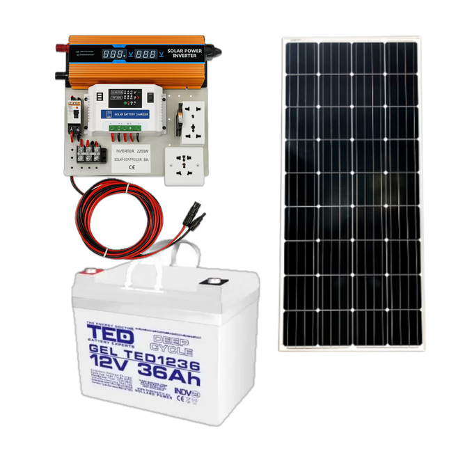 Mini kit fotovoltaic 2200W cu panou solar monocristalin 170W, invertor și controler PWM
