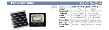 Proiector cu Panou Solar Monocristalin si telecomanda -  200W/6500k