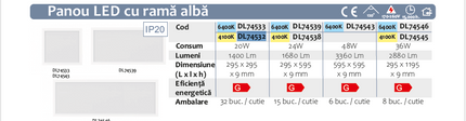 Panou Led 295x1195 cu Rama alba, 36W, 4100K, lumina neutra