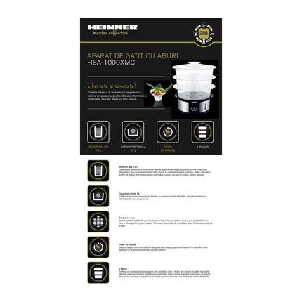 Aparat de gatit cu aburi Heinner HSA-1000XMC, 12 L, 3 boluri, 1000 W, timer 90 min - imagine 3