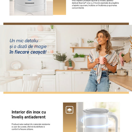 Aparat de spumat lapte Heinner HMFR-450WH, 450 W, spumare 100 ml / incalzire 200 ml, alb - imagine 5