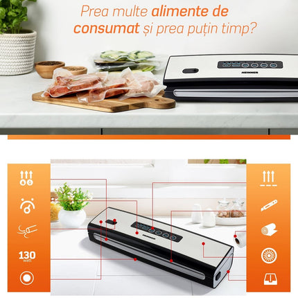 Aparat de vidat Heinner HAV-130BKSS, 130 W, vidare uscata/umeda, rola pungi inclusa, control touch - imagine 7