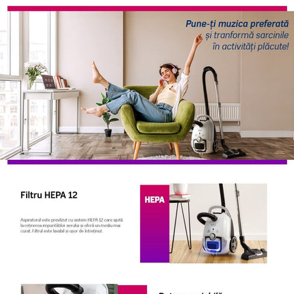Aspirator cu sac Heinner WinterLand HVC-M700WH, 700 W, 69 dB, HEPA 12, sac textil 3 L, alb - imagine 6