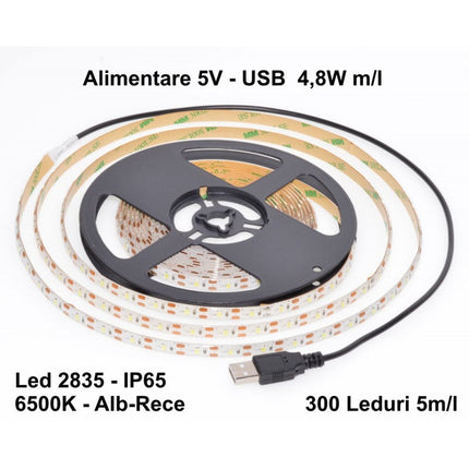 Banda Led, Alb-Rece, 5V, USB 5m Led 5V