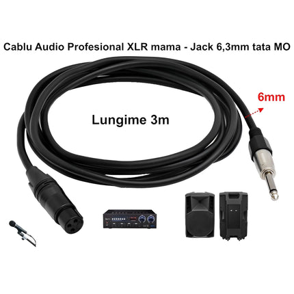 Cablu audio prof jack 6,3 tata 3m 6mm