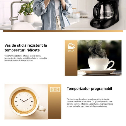 Cafetiera digitala Heinner Black Chatt HCM-D750GCBK, 1.25 L, 750 W, timer programabil, negru - imagine 4
