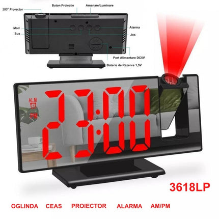Ceas Modern Oglinda Proiectie LED Rosu