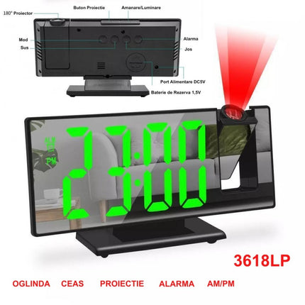 Ceas Modern Oglinda Proiectie LED Verde