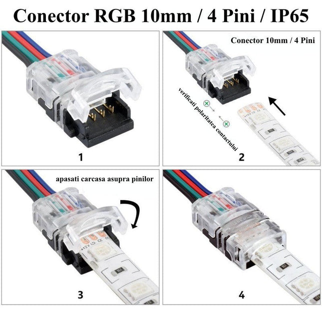 Conector banda led RGB 4 pini 10mm IP65 - Iluminat LED