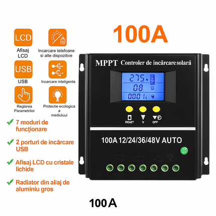 Controler solar MPPT 100A 12V-48V pentru sisteme fotovoltaice