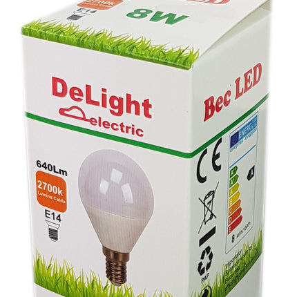 Bec Led Sferic E14, model G45, 8W=60W, 2700K, lumina calda