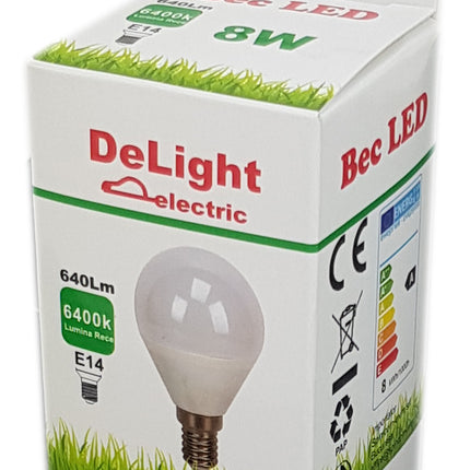 Bec Led Sferic E14, model G45, 8W=60W, 6400K, lumina rece
