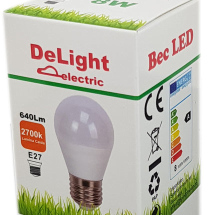 Bec Led Sferic E27, model G45, 8W=60W, 2700K, lumina calda