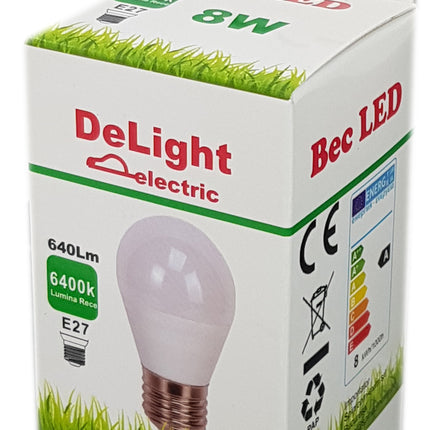 Bec Led Sferic E27, model G45, 8W=60W, 6400K, lumina rece