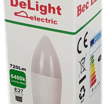 Bec Led Lumanare E27 dl C37, 9W=80W, 6400K, lumina rece