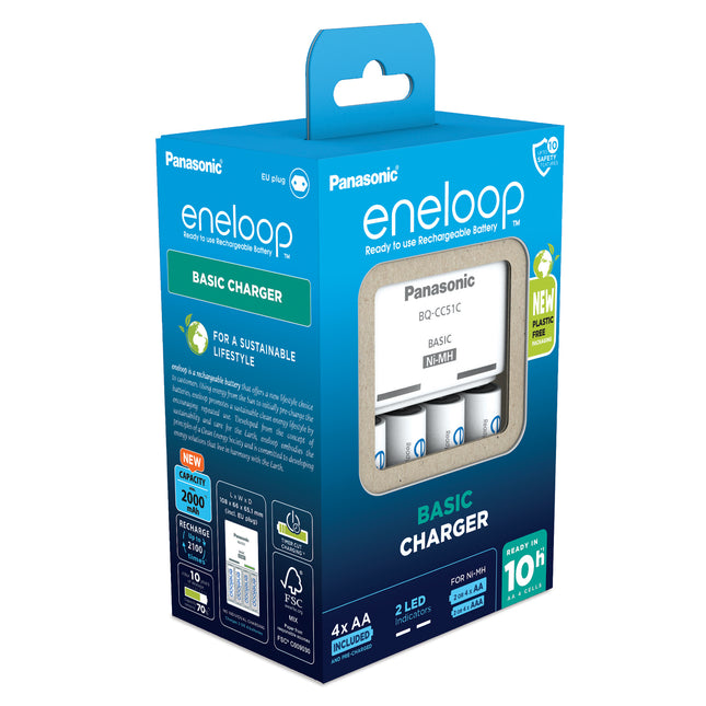 Incarcator Baterii Reincarcabile, Include 4x AA LR6 2000mAh, BASIC cu Incarcare in 10h, Eneloop K-KJ51MCD40E
