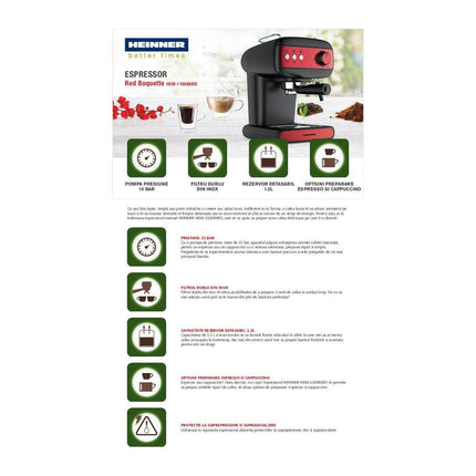 Espressor manual Heinner Red Boquette HEM-1100BKRD, 15 bar, 850 W, 1.2 L, spumare lapte - imagine 6