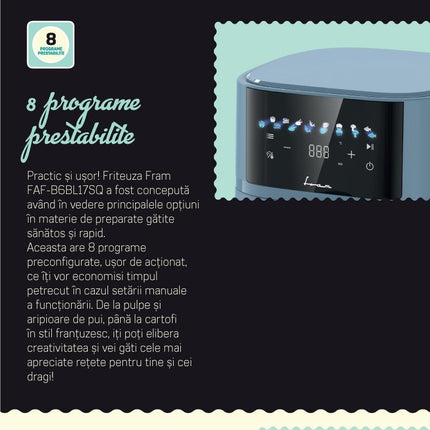 Friteuza cu aer cald Fram FAF-B6BL17SQ, 5.7 L, 1700 W, display digital, 8 programe, bleu - imagine 7
